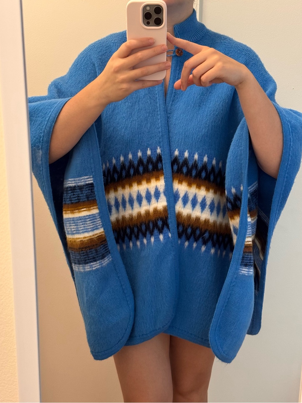 Vintage Blue Knit Poncho Cape Nordic Fair Isle M–L